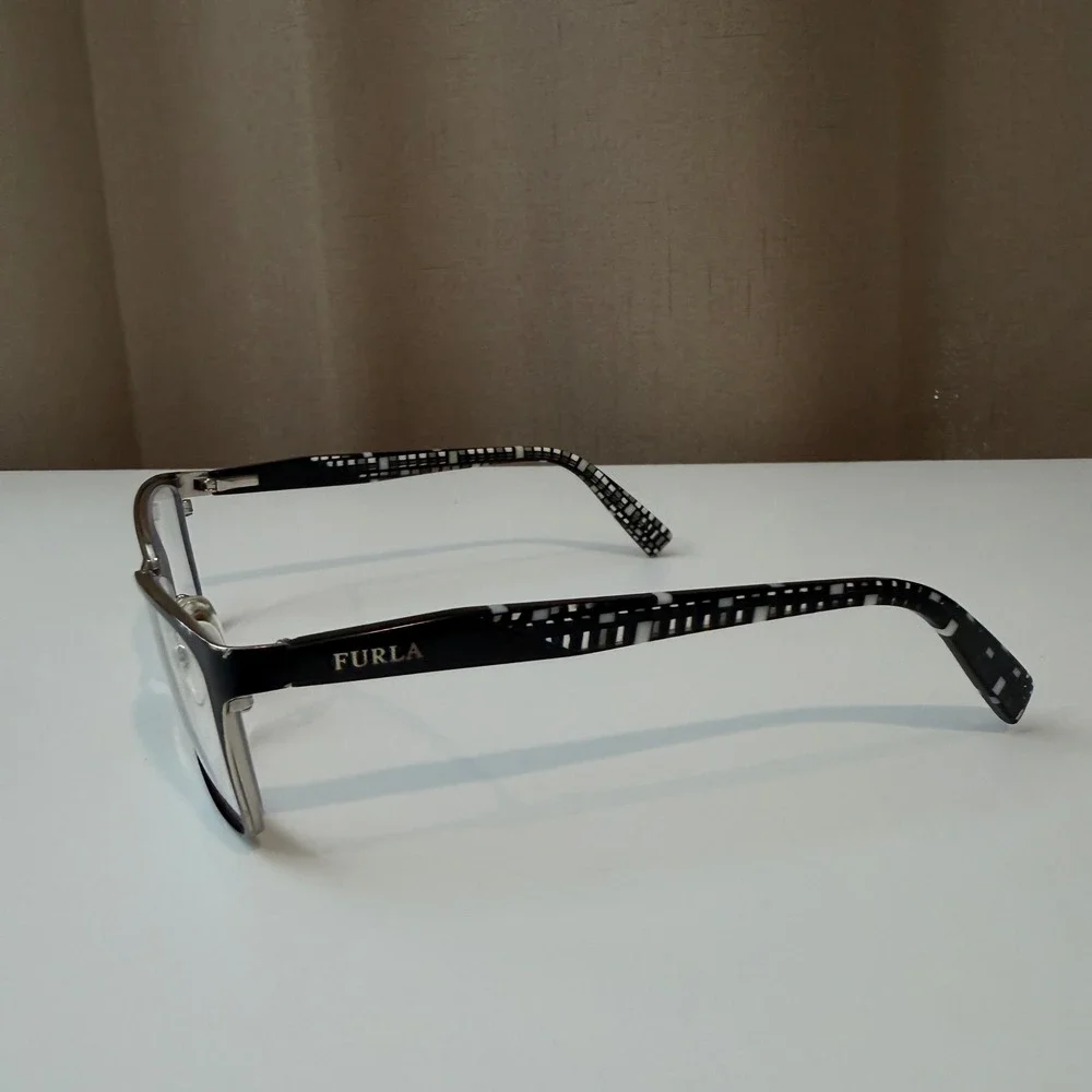 Furla VFU124 Eyeglasses Frames Black Silver Geometric Pattern Temples‎ Womens